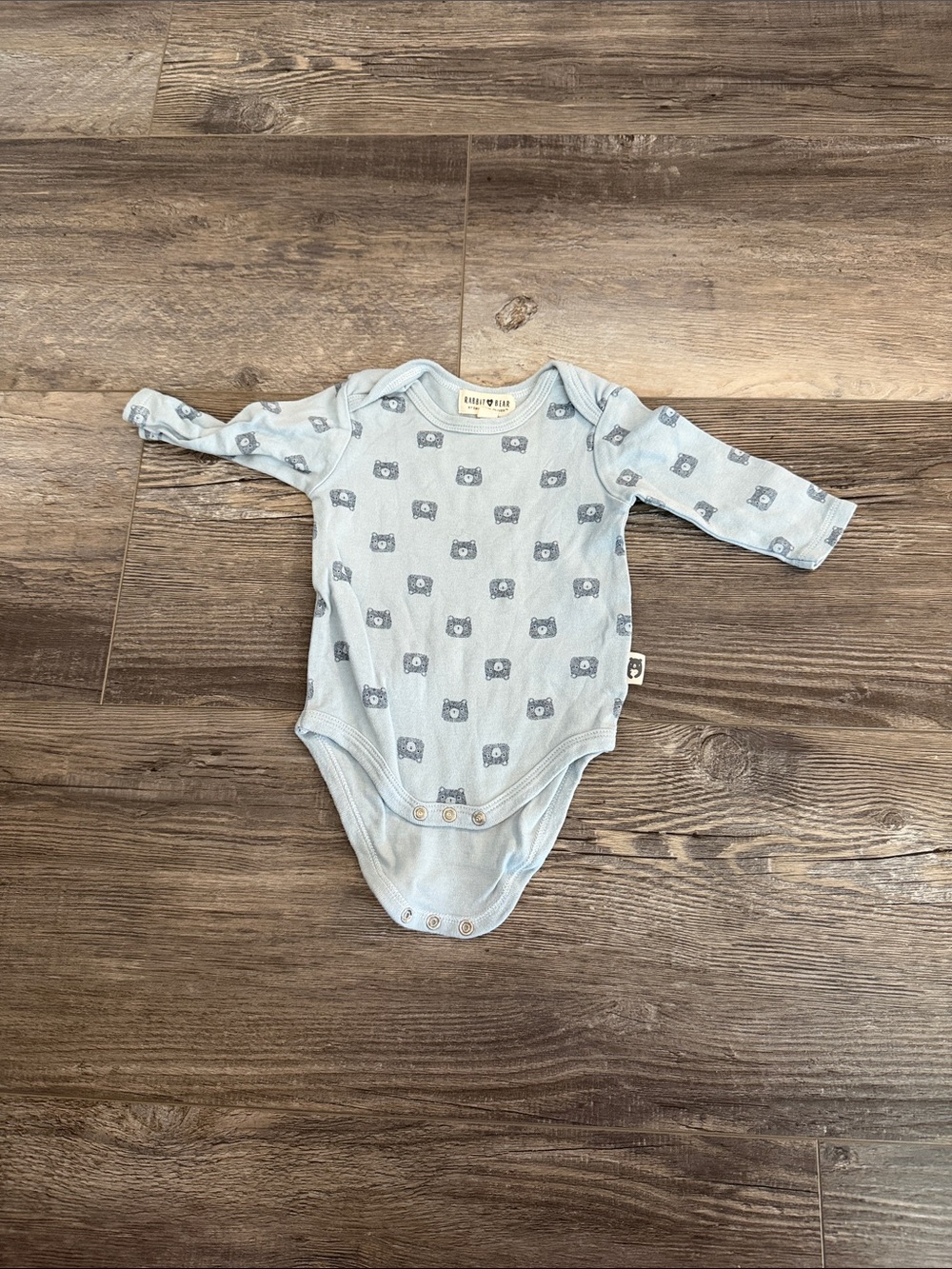 Rabbit + Bear Long-Sleeve Light Blue Baby‎ Bodysuit with Bear Print